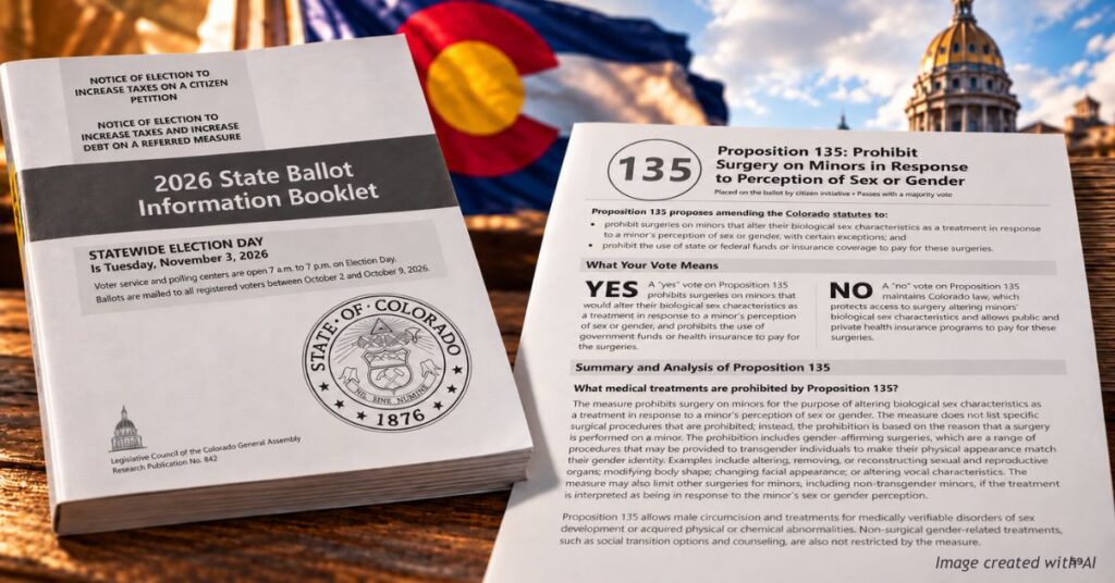 Proposition 135 page in Colorado's 2026 Blue Book, open beside the ballot booklet cover with the state flag and Capitol dome behind