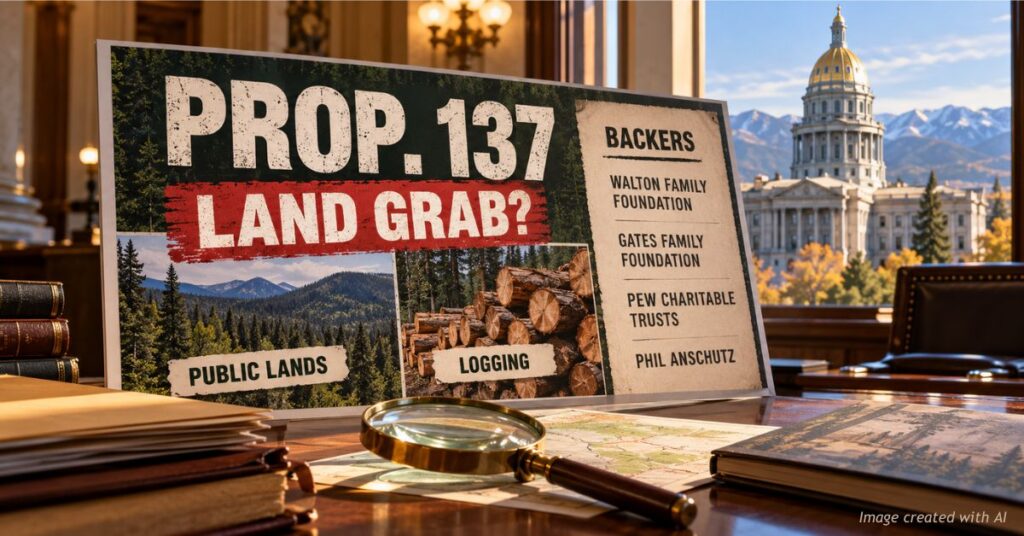 AI-generated editorial illustration featuring Proposition 137, public lands, logging imagery and a list of funding organizations against a Colorado State Capitol backdrop.