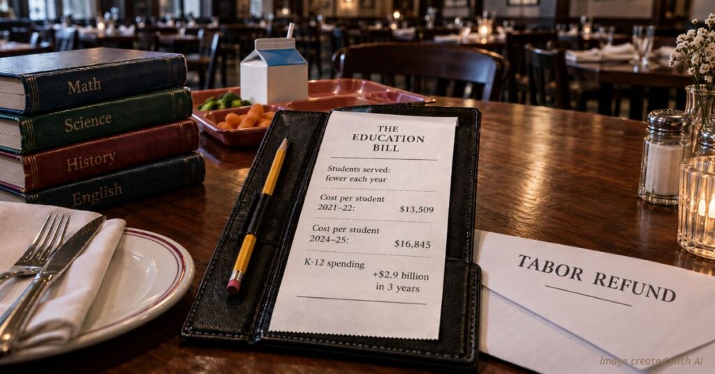 Restaurant check reading $13,509 per student in 2021-22 and $16,845 in 2024-25, beside an unopened TABOR refund envelope.