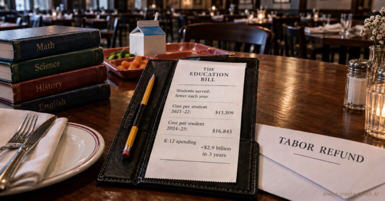 Restaurant check reading $13,509 per student in 2021-22 and $16,845 in 2024-25, beside an unopened TABOR refund envelope.