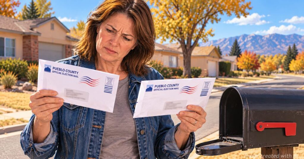 Concerned Pueblo County woman compares two election ballot envelopes beside her mailbox ahead of the November 2026 election.