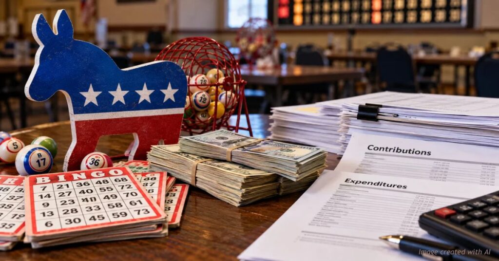 Illustration of a Democratic Party donkey figure beside bingo cards, a bingo cage, stacks of cash and campaign finance forms labeled Contributions and Expenditures.