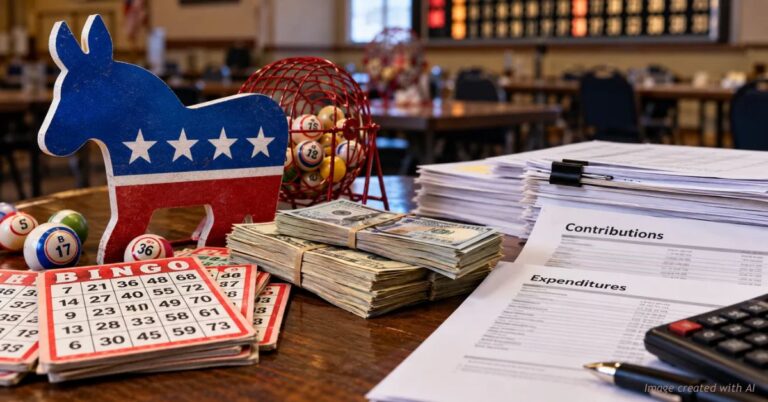 Illustration of a Democratic Party donkey figure beside bingo cards, a bingo cage, stacks of cash and campaign finance forms labeled Contributions and Expenditures.
