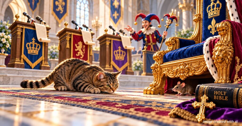 Illustration of a tabby cat crouched on a palace floor stalking a mouse, ignoring an empty gilded throne and a jester at podiums behind it.