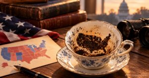 Teacup with tea leaves settled in the shape of the United States beside a map, illustrating the 2026 midterms