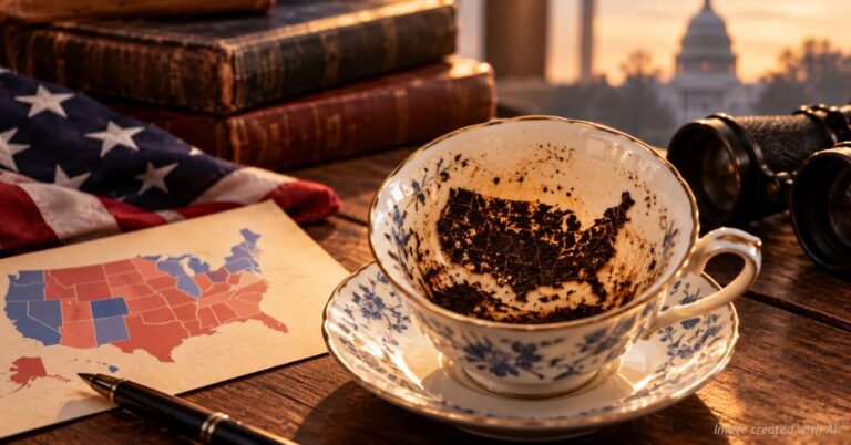 Teacup with tea leaves settled in the shape of the United States beside a map, illustrating the 2026 midterms