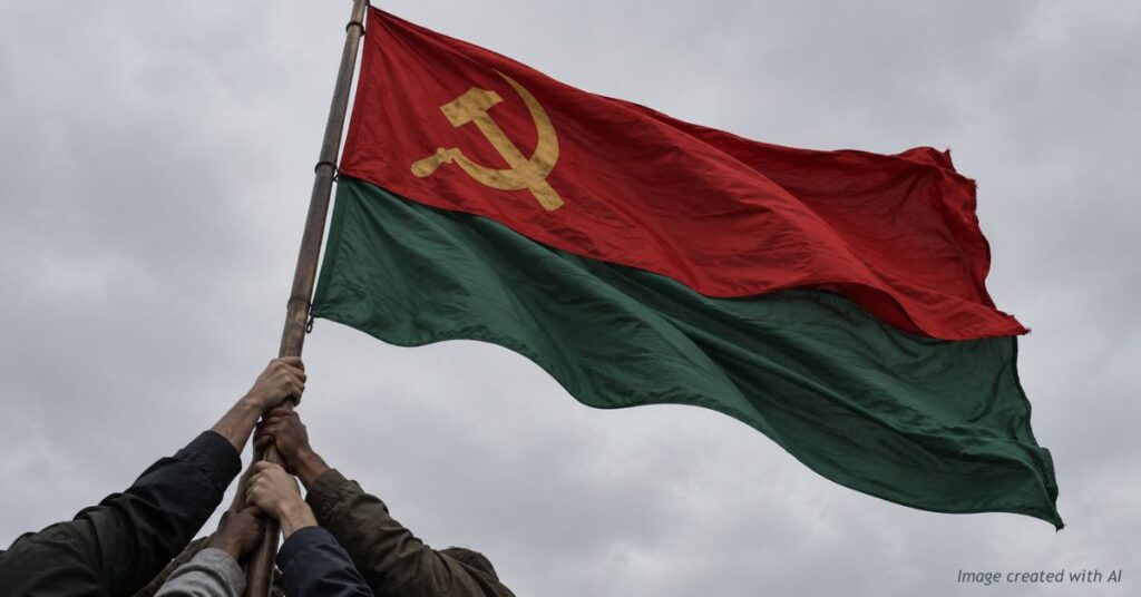 Hands raising a flag split red over green, hammer and sickle on the red half.
