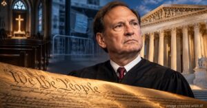 Samuel Alito pictured with the Supreme Court and Constitution in an illustration about COVID era rights.