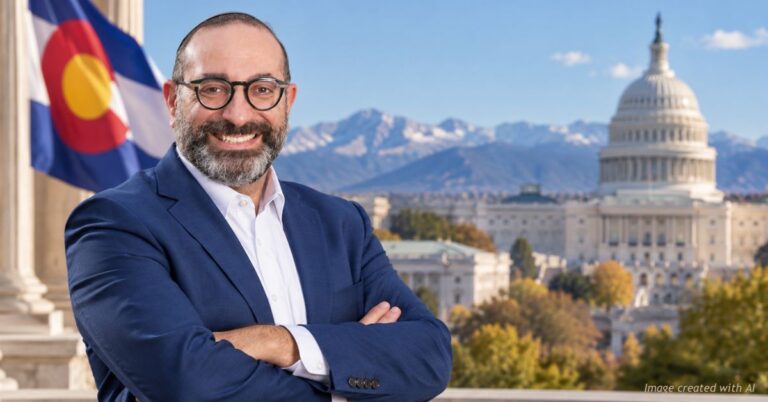 Colorado congressional candidate Dr. Shimon Blau smiles with his arms crossed, with the U.S. Capitol, Colorado flag and Rocky Mountains in the background.