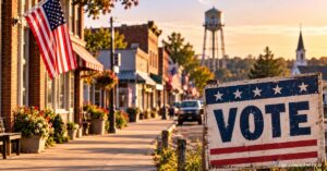 Editorial illustration of an empty small-town Main Street lined with American flags, with a large vote sign in the foreground.