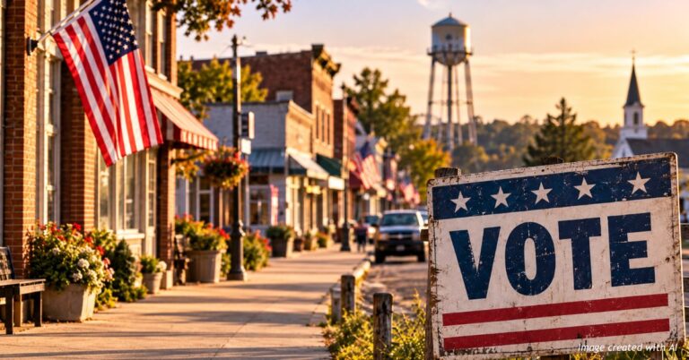 Editorial illustration of an empty small-town Main Street lined with American flags, with a large vote sign in the foreground.