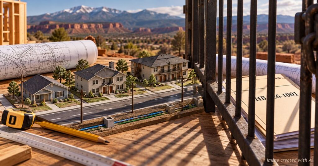 Scale model of Southwest Colorado homes and an open utility trench, seen past iron gate bars beside rolled site plans and an HB 26-1001 file