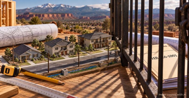 Scale model of Southwest Colorado homes and an open utility trench, seen past iron gate bars beside rolled site plans and an HB 26-1001 file