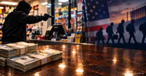 AI-generated image of a masked gunman threatening a convenience store employee, with stacks of cash and silhouettes representing immigration in the background.