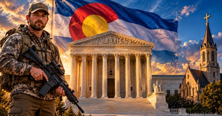 Outdoorsman with AR-style rifle before the Supreme Court, Colorado flag and church representing major constitutional cases