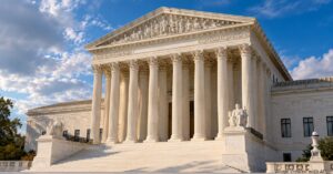 AI-generated image of the U.S. Supreme Court building in Washington, D.C., showing its marble columns, broad steps and statues.