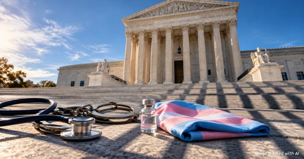 U.S. Supreme Court building with handcuffs, a stethoscope, an injection vial and a transgender pride flag in the foreground.