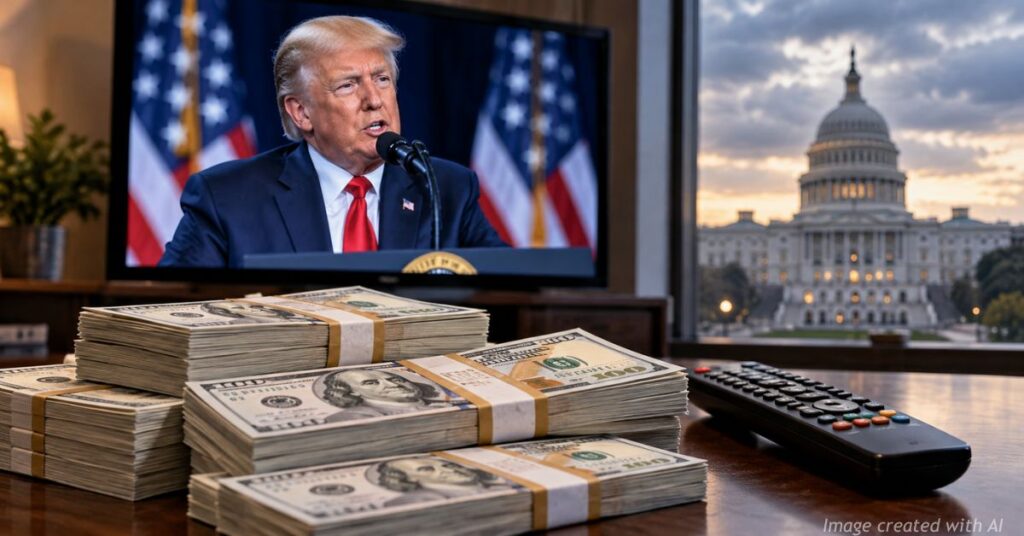 U.S. currency and a television showing President Trump with the Capitol in the background.