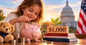A young girl places a coin into a pink piggy bank beside stacks of coins and a $1,000 sign, with the U.S. Capitol and American flag in the background.
