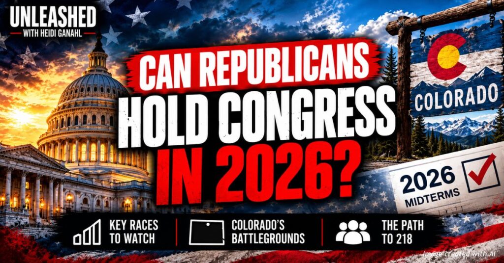 Unleashed with Heidi Ganahl podcast banner asking whether Republicans can hold Congress in 2026, featuring the U.S. Capitol, Colorado flag and midterm election graphics.
