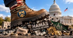 U.S. Treasury boot symbolically crushes a Hamas financial network involving cash, charities and cryptocurrency.