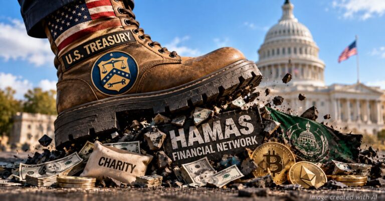 U.S. Treasury boot symbolically crushes a Hamas financial network involving cash, charities and cryptocurrency.