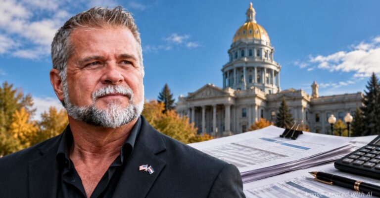 Victor Marx pictured with the Colorado State Capitol in an illustration about a campaign finance ruling.