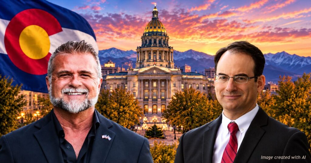 AI-generated editorial composite featuring Colorado gubernatorial candidates Victor Marx and Phil Weiser with the Colorado State Capitol, state flag and Rocky Mountains at sunset.