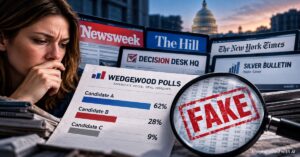 AI-generated illustration of a concerned woman examining a Wedgewood Polls chart marked fake, with major news outlets displayed behind her.