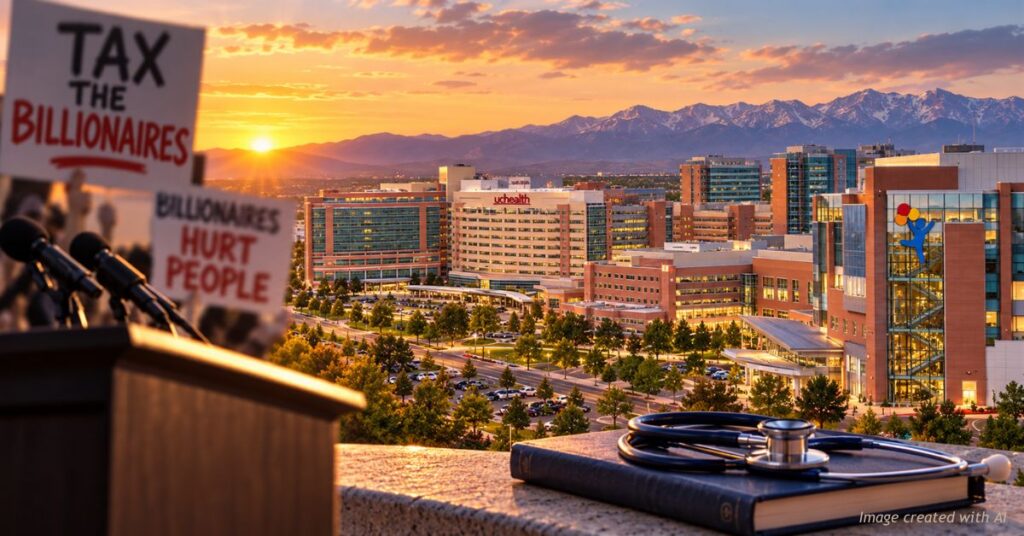 Protest signs reading “Tax the billionaires” at a podium overlooking the CU Anschutz medical campus at sunset.