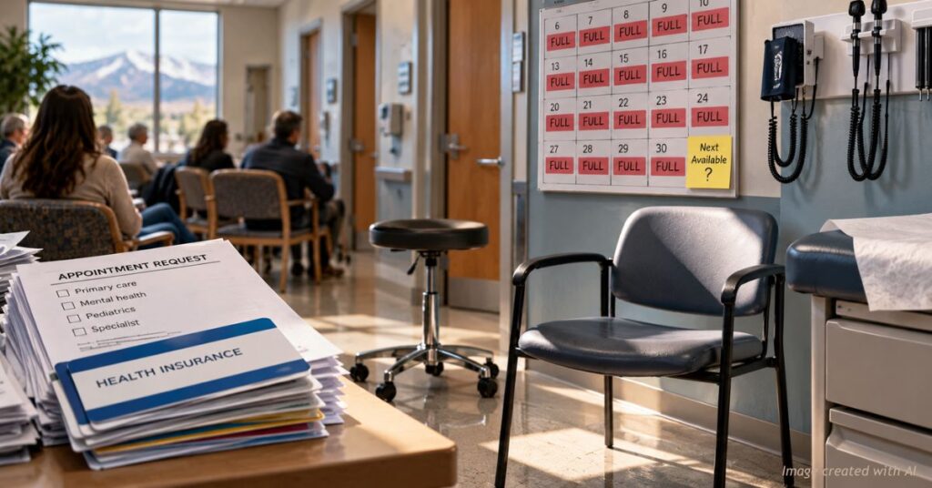 Doctor shortage: an empty exam stool, a calendar marked FULL every day and an insurance card atop appointment forms.