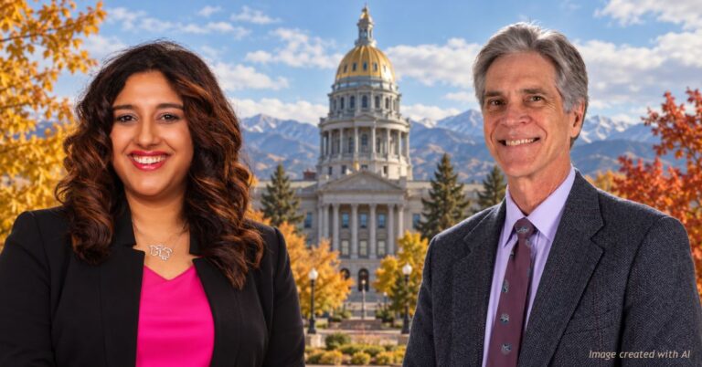 AI-generated editorial banner featuring Yara Zokaie and Steve Yurash with the Colorado State Capitol and autumn foliage in the background.