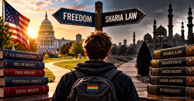 Signpost pointing to Freedom and Sharia Law, a young man between stacked books of U.S. rights and Islamic law.